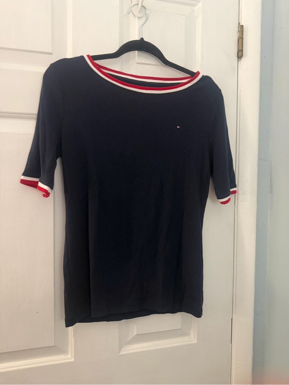 Tommy Hilfiger Navy Red White Trim Boat Neck Top Size M